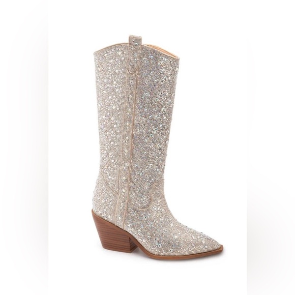 New without Box Western Silver  Sparkle Rhinestone Wide Calf Cowboy Boots - Picture 1 of 15